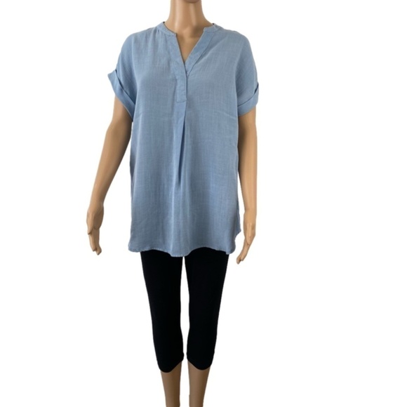 RAYCHEL Roy linen look v-neck tunic length short sleeve top in blue - Picture 3 of 7